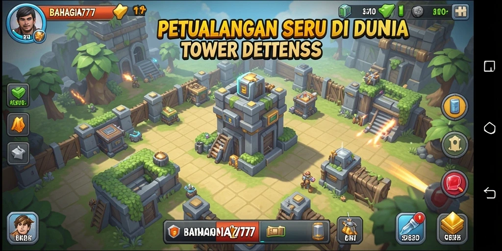 Tampilan gameplay BAHAGIA777 menunjukkan aksi menara yang mendebarkan.
