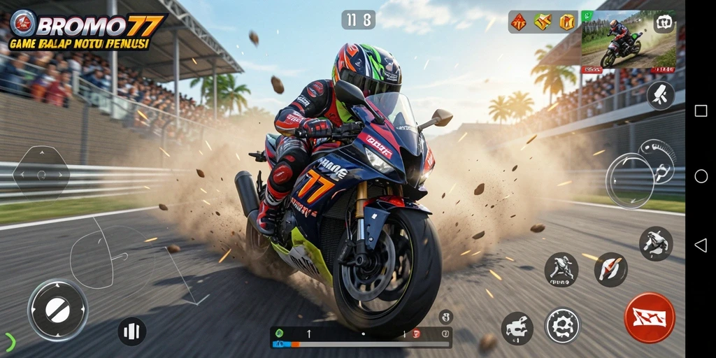 Gameplay BROMO77 menampilkan balapan motor yang mendebarkan.