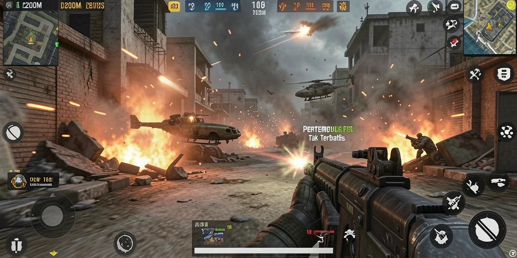 Gambaran gameplay D200M yang intens dan mendebarkan dalam pertempuran FPS.