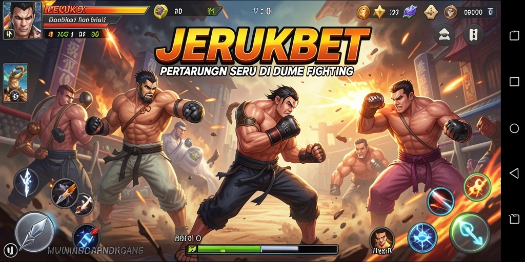 Screenshot utama JERUKBET menampilkan aksi pertarungan seru di arena.