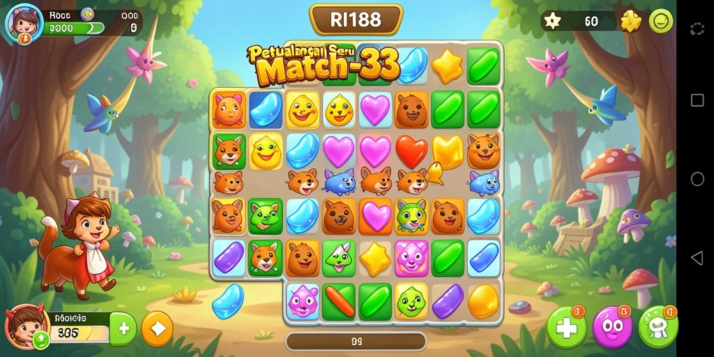 Tampilan seru gameplay RI188 dengan aksi Match-3 yang dinamis.
