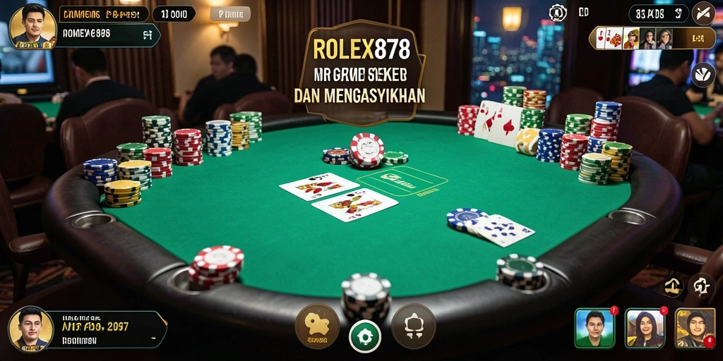 Tampilan gameplay seru dari ROLEX878 dengan meja Poker dan pemain aktif.